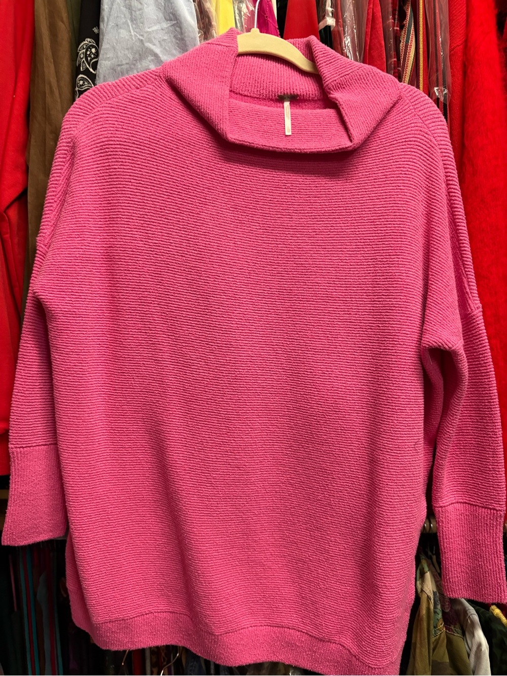 Free People Hot Pink Ribbed Funnel Neck Sweater